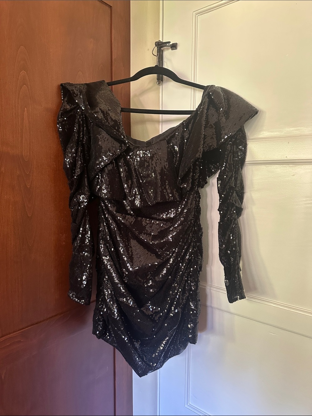 The Attico Black Sequin Long-Sleeve Ruffle Dress